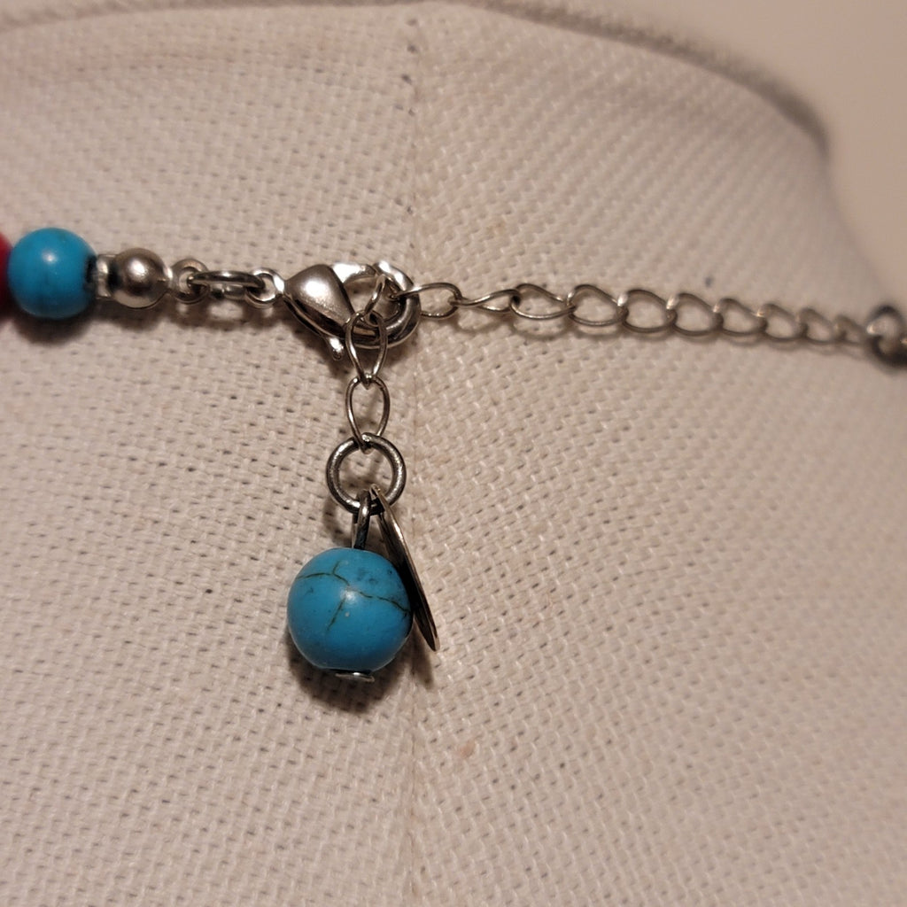 Red & turquoise Colored Bead Flower Necklace
