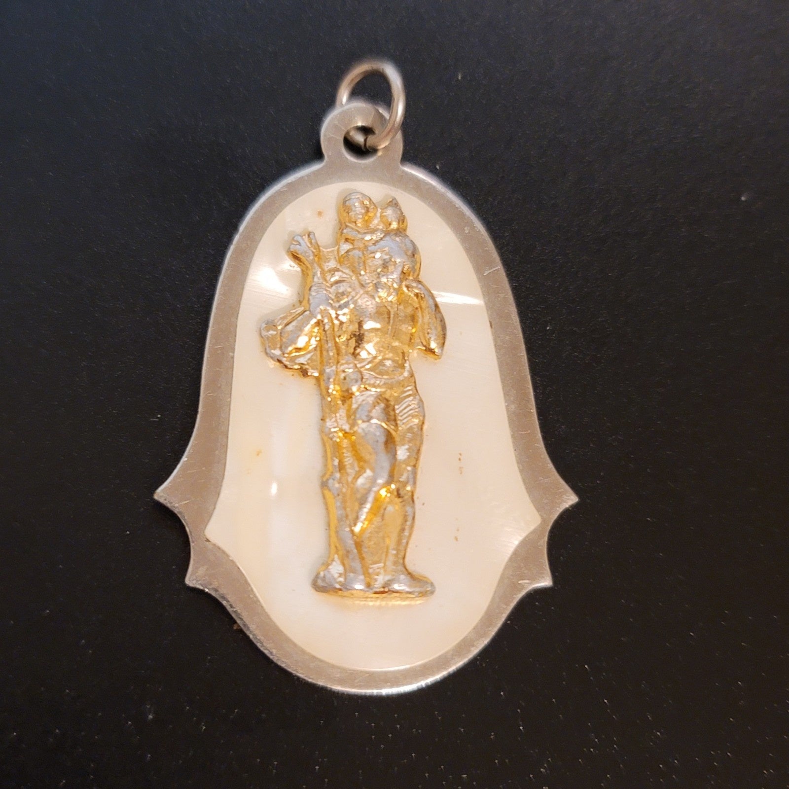 Vintage Faux Mother of Pearl St. Christopher Religious Medal Pendant