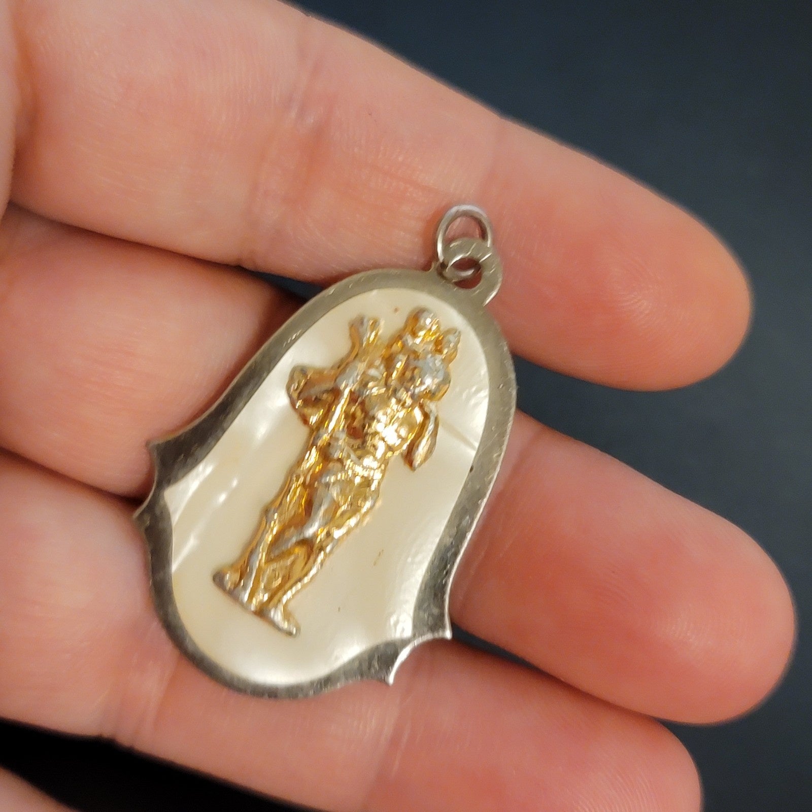 Vintage Faux Mother of Pearl St. Christopher Religious Medal Pendant