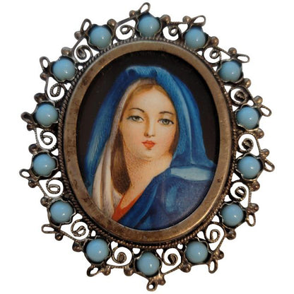 Vintage 800 Silver Virgin Mary Brooch – Hand Painted Portrait Pin Religious